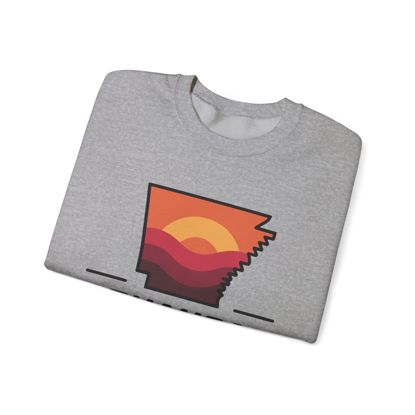 Arkansas Sunset Crewneck Sweatshirt — State Map Graphic, Est. 1836