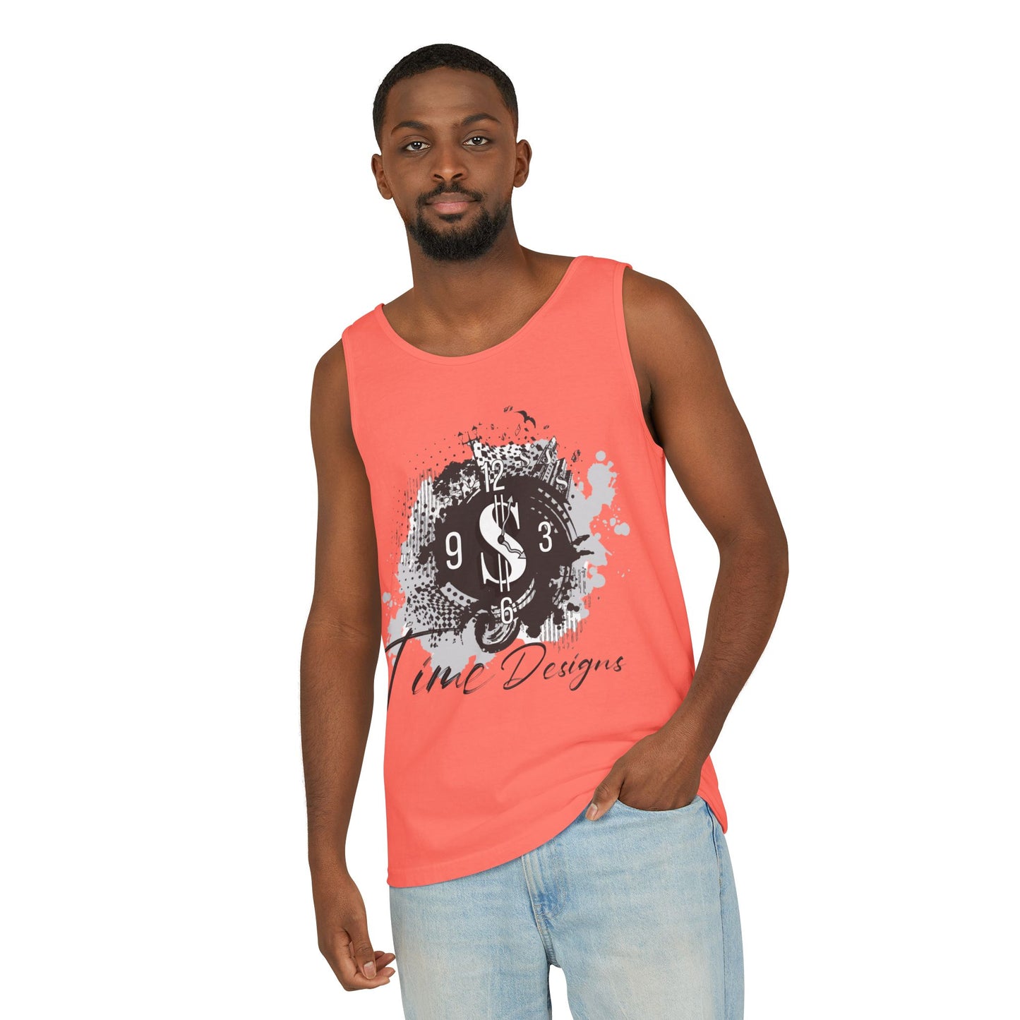 Unisex Garment-Dyed Tank Top with Time Designs - Casual Summer Wear, Beach Outfit, Gift for Friends, Vacation Essentials, Relaxed Style