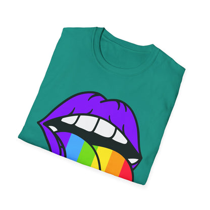 Pride Graphic Tee, Rainbow Mouth Design T-Shirt, Unisex Softstyle Shirt, LGBTQ+ Apparel, Fun Casual Wear, Birthday Gift