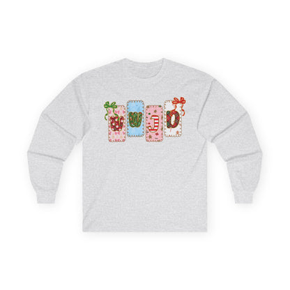 Long Sleeve Tee — Festive Gift Tag Graphic (Holidays, Christmas)