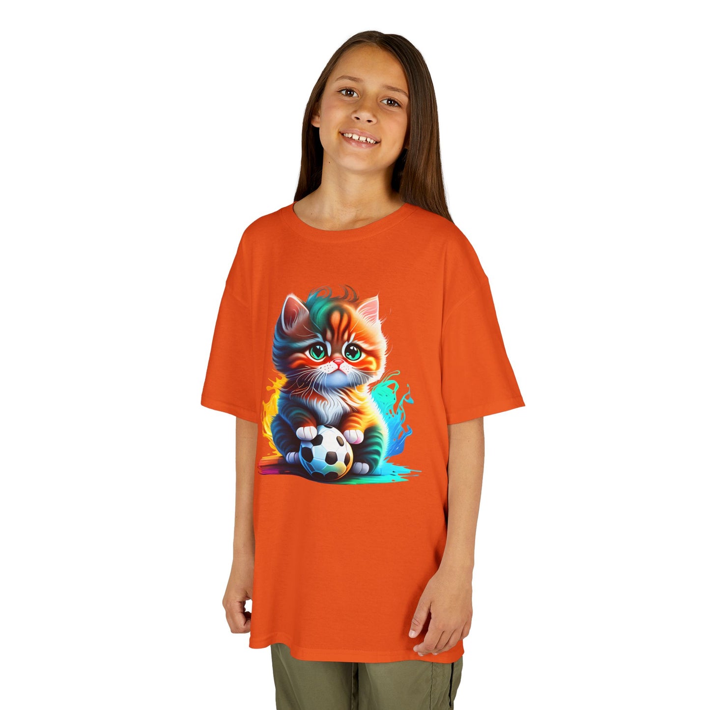 Playful Cat Soccer Kids Heavy Cotton™ Tee - Fun and Colorful T-Shirt for Young Animal Lovers