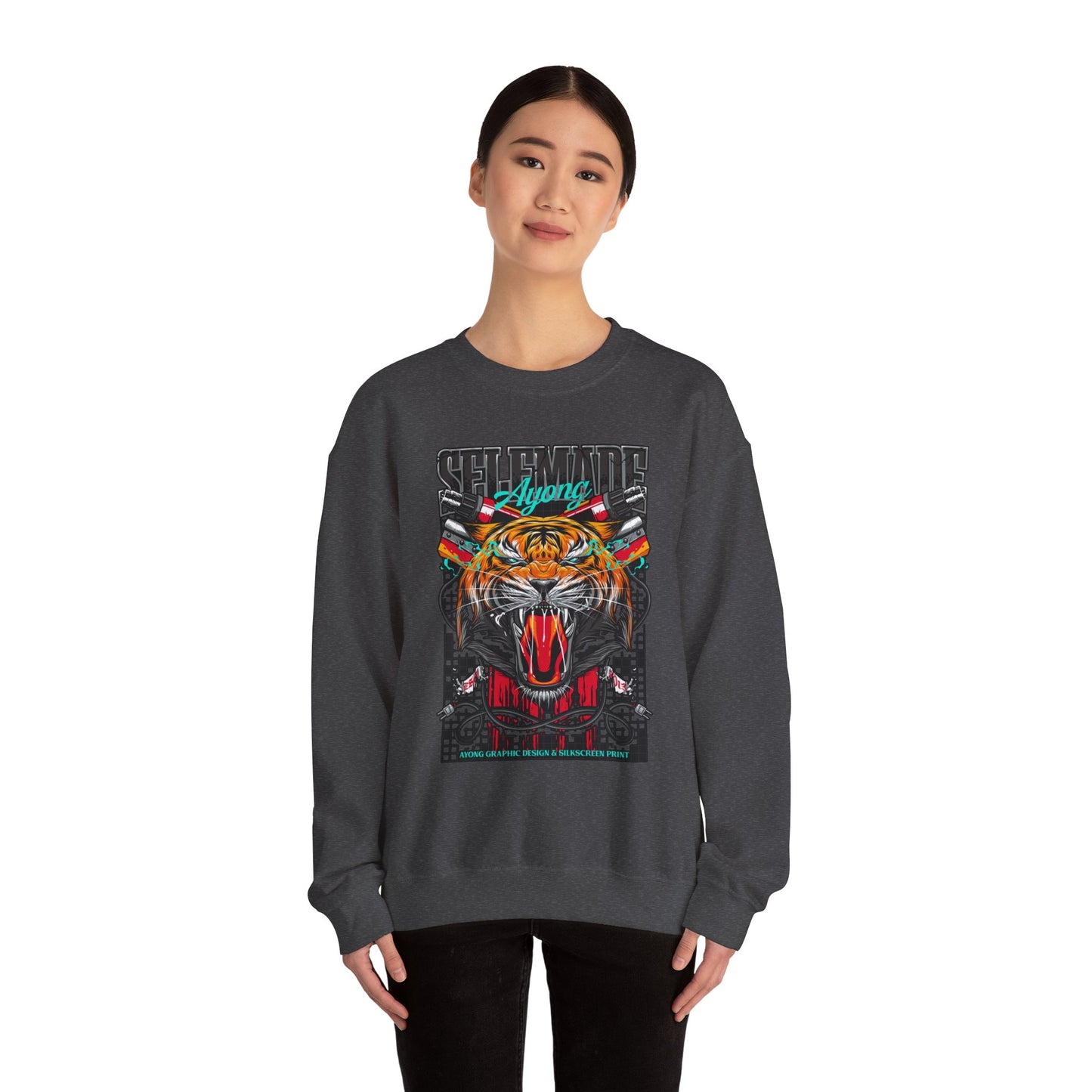 Crewneck Sweatshirt — Bold Roaring Tiger Graphic with 'Ayoung' Ribbon