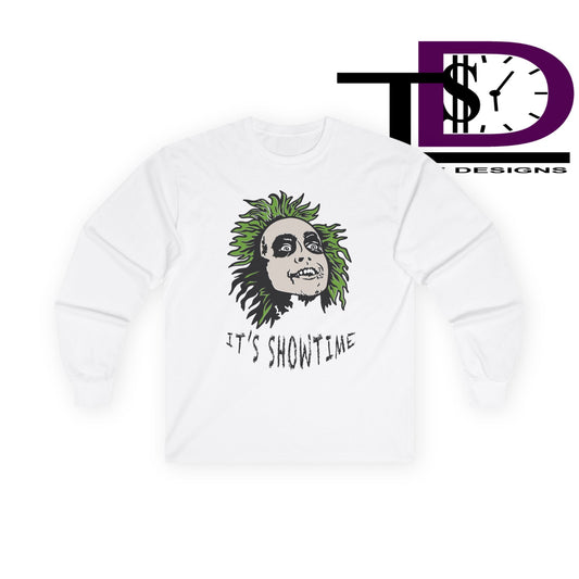 Unisex Long Sleeve Tee - It's Showtime Graphic, Halloween Shirt, Casual Wear, Gift for Movie Lovers, Spooky Season Apparel