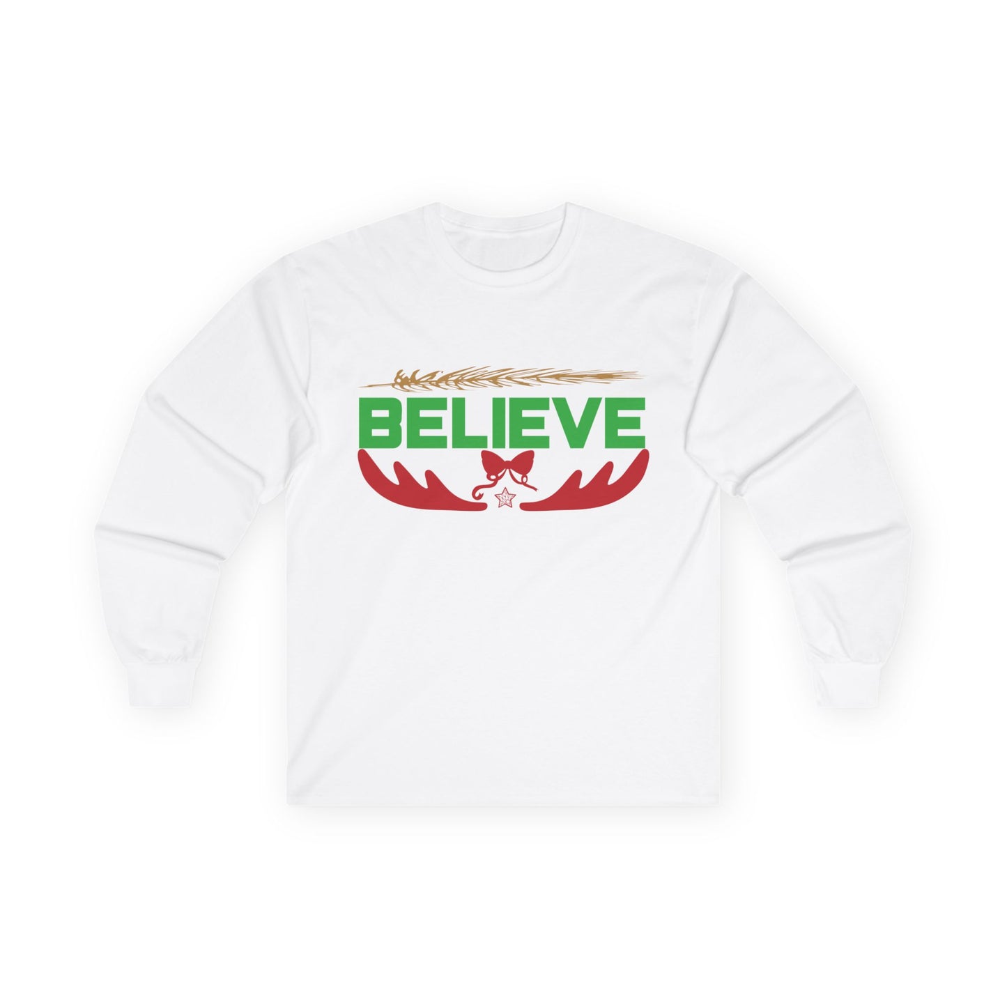 Believe Holiday Long Sleeve Tee, Christmas Shirt, Unisex Festive Apparel, Winterwear, Great for Family Gatherings, Gift Idea
