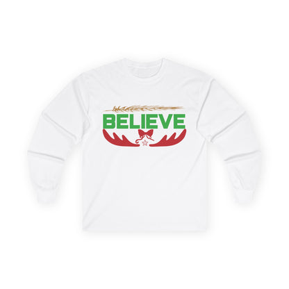 Believe Holiday Long Sleeve Tee, Christmas Shirt, Unisex Festive Apparel, Winterwear, Great for Family Gatherings, Gift Idea