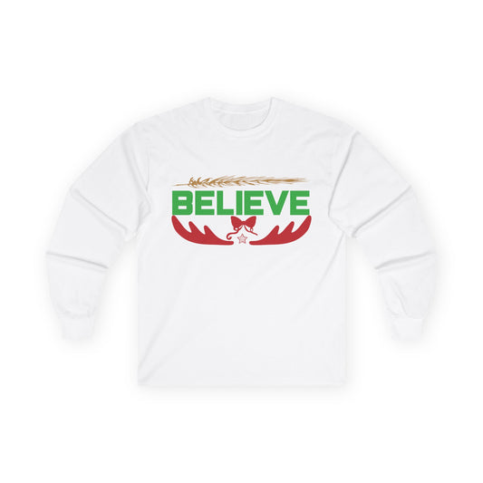 Believe Holiday Long Sleeve Tee, Christmas Shirt, Unisex Festive Apparel, Winterwear, Great for Family Gatherings, Gift Idea