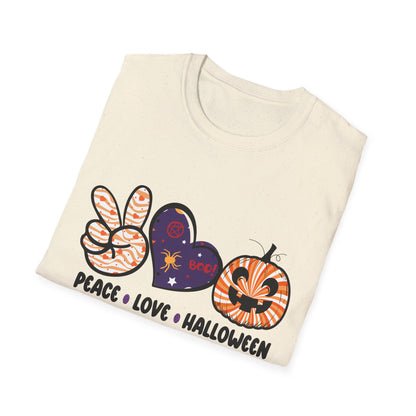 Halloween Peace Love T-Shirt, Unisex Graphic Tee for Fall Celebrations, Cozy Autumn Style, Perfect for Halloween Parties, Gifts