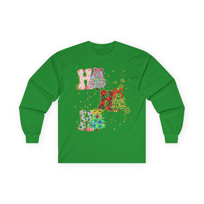 Long Sleeve Tee — Festive 'HO HO HO' Floral Christmas Design