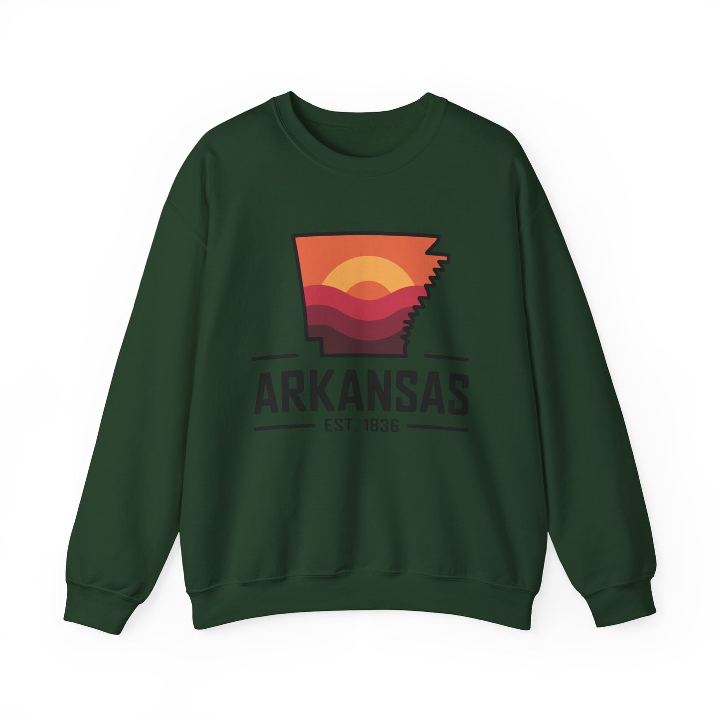 Arkansas Sunset Crewneck Sweatshirt — State Map Graphic, Est. 1836