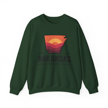 Arkansas Sunset Crewneck Sweatshirt — State Map Graphic, Est. 1836