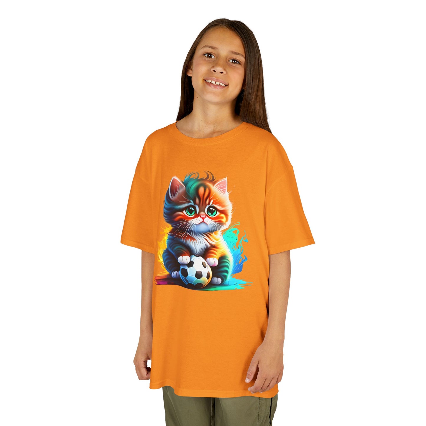 Playful Cat Soccer Kids Heavy Cotton™ Tee - Fun and Colorful T-Shirt for Young Animal Lovers