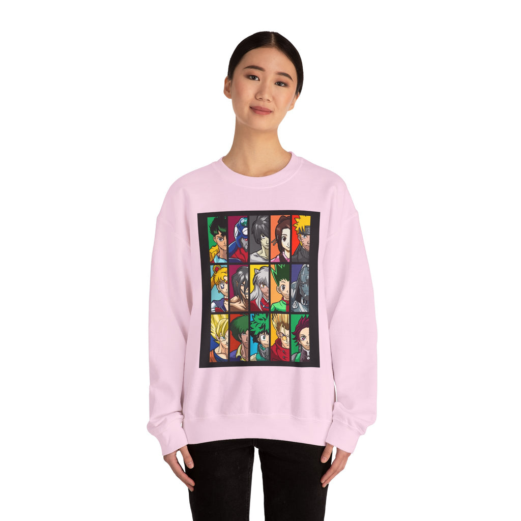 Anime Character Grid Sweatshirt — Collage Crewneck for Fans