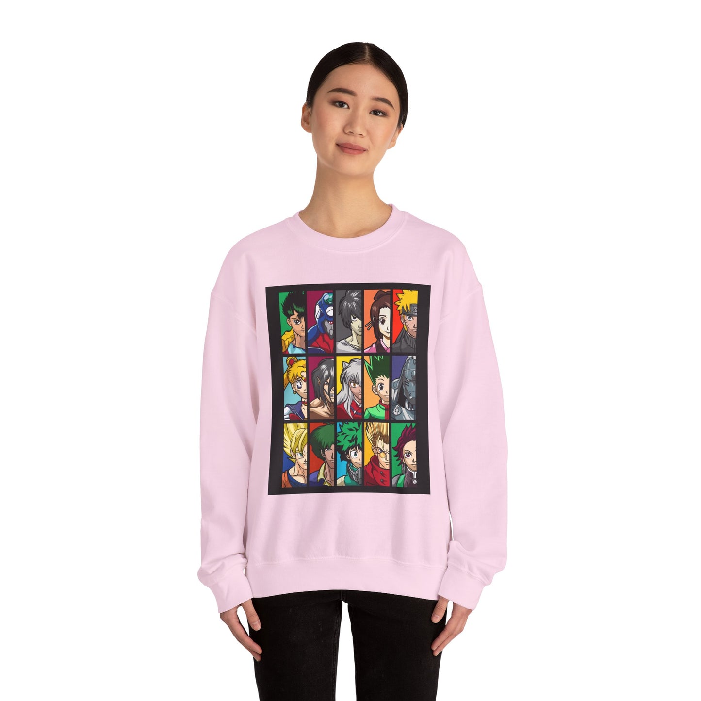 Anime Character Grid Sweatshirt — Collage Crewneck for Fans