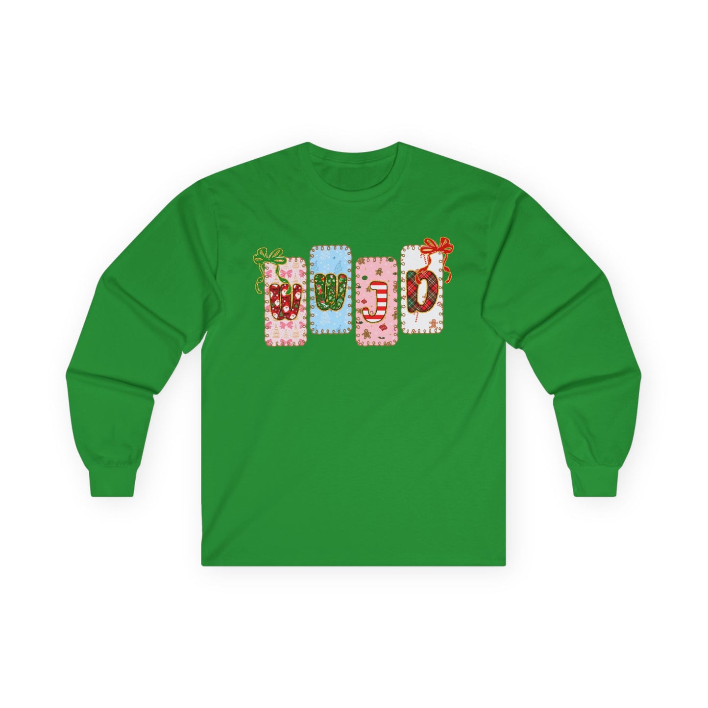 Long Sleeve Tee — Festive Gift Tag Graphic (Holidays, Christmas)