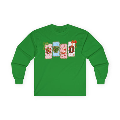 Long Sleeve Tee — Festive Gift Tag Graphic (Holidays, Christmas)
