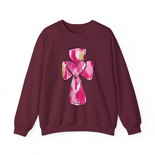 Pink Watercolor Cross Heart Crewneck Sweatshirt