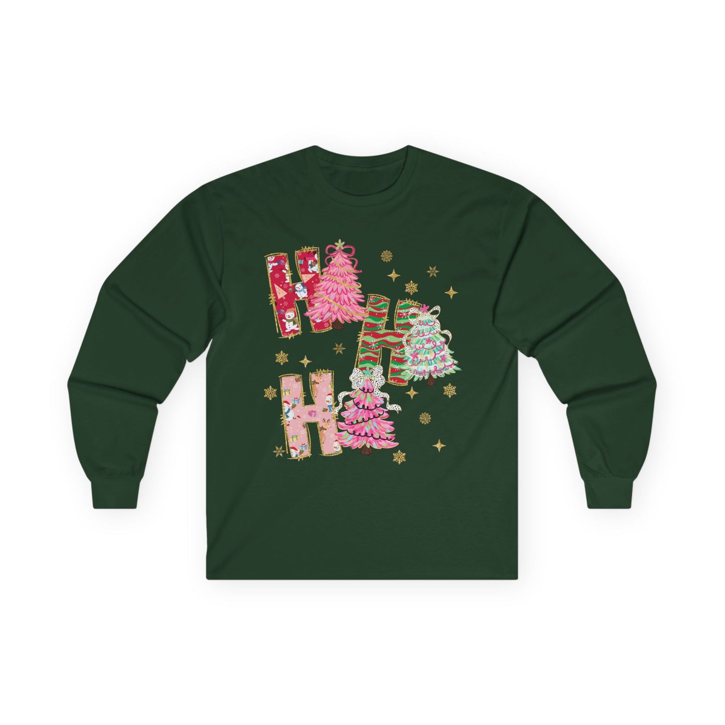 Christmas 'Ho Ho Ho' Long Sleeve Tee — Festive Pink & Green Holiday Shirt