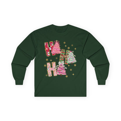 Christmas 'Ho Ho Ho' Long Sleeve Tee — Festive Pink & Green Holiday Shirt