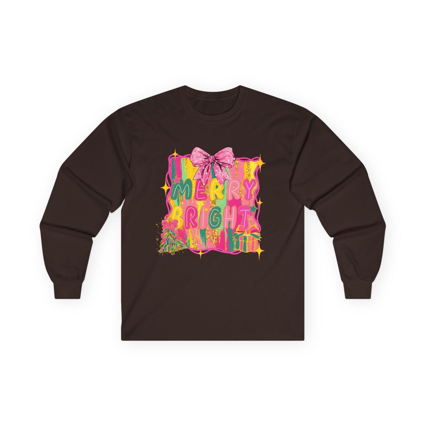 Merry Bright Long Sleeve Tee — Colorful Holiday Graphic Shirt