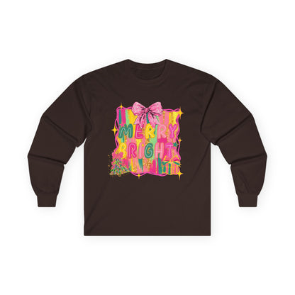 Merry Bright Long Sleeve Tee — Colorful Holiday Graphic Shirt