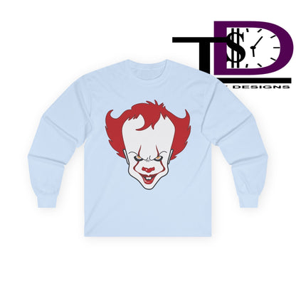 Pennywise Inspired Long Sleeve Tee, Horror Shirt, Movie Merch, Unisex Halloween Apparel, Scary Graphic Tee, Costume Top