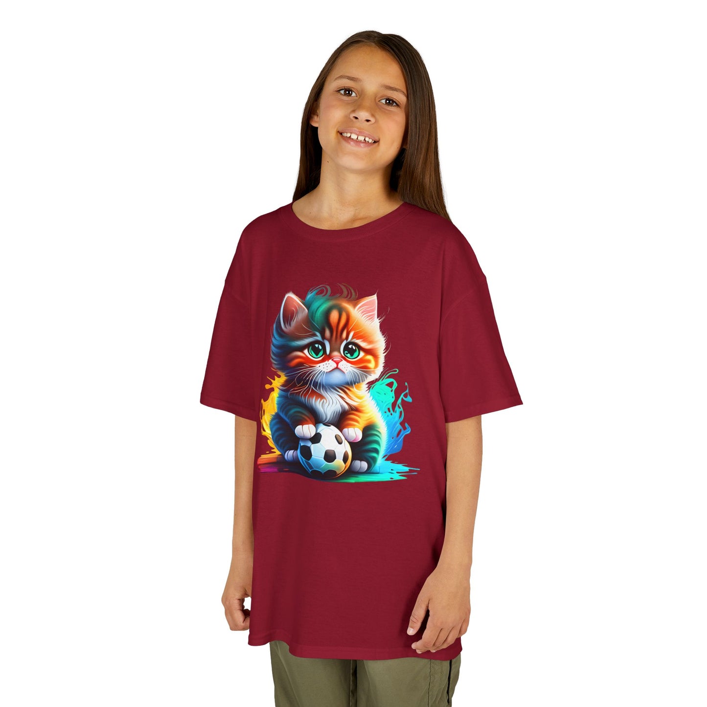 Playful Cat Soccer Kids Heavy Cotton™ Tee - Fun and Colorful T-Shirt for Young Animal Lovers