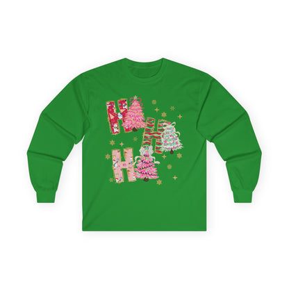 Christmas 'Ho Ho Ho' Long Sleeve Tee — Festive Pink & Green Holiday Shirt