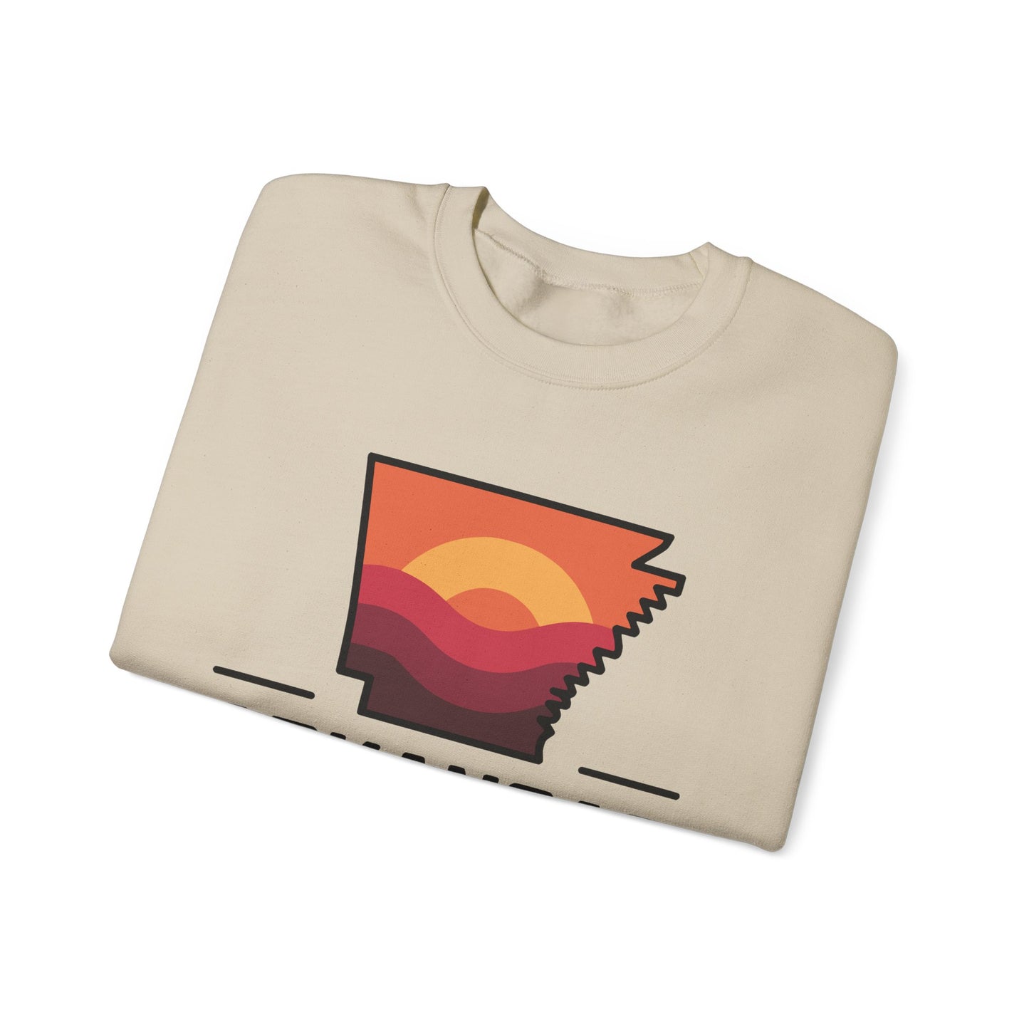 Arkansas Sunset Crewneck Sweatshirt — State Map Graphic, Est. 1836