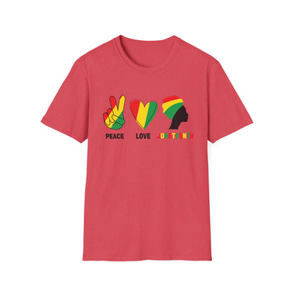 Juneteenth Peace Love Unisex Softstyle T-Shirt, Graphic Tee, Black History Month, Celebration Wear, Gift for Activists