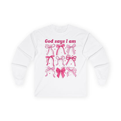Long Sleeve Tee — "God Says I Am" Pink Ribbon Bows Breast Cancer Awareness