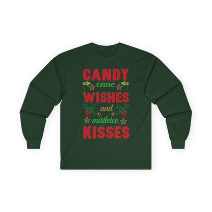 Candy Cane Wishes Long Sleeve Tee, Christmas Shirt, Holiday Gift, Mistletoe Apparel, Winter Fashion, Family Gathering Outfit