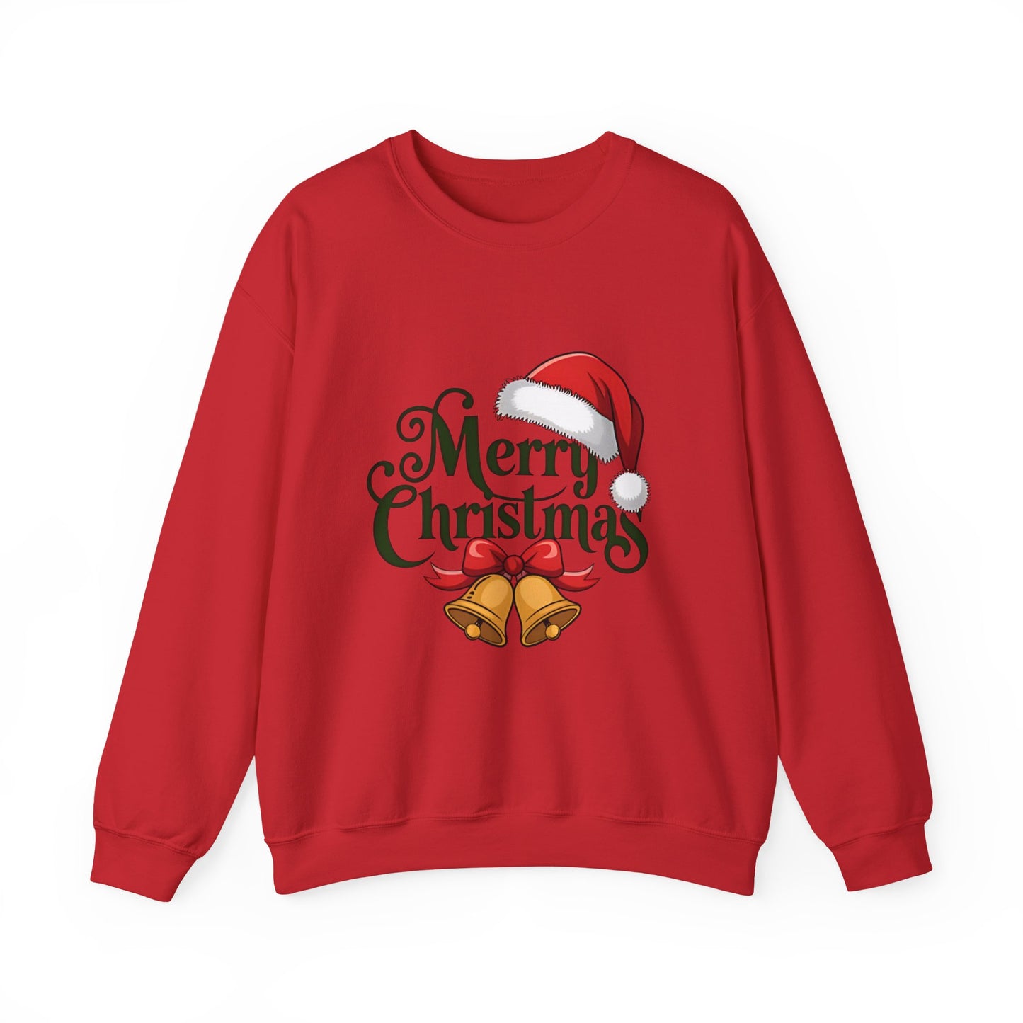Christmas Crewneck Sweatshirt - "Merry Christmas" Santa Hat & Bells Holiday Sweater
