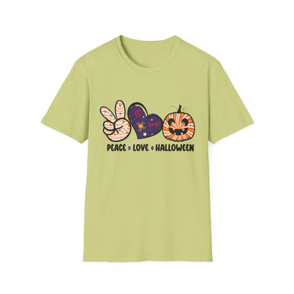 Halloween Peace Love T-Shirt, Unisex Graphic Tee for Fall Celebrations, Cozy Autumn Style, Perfect for Halloween Parties, Gifts