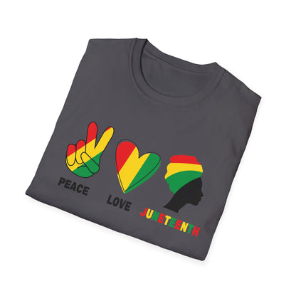Juneteenth Peace Love Unisex Softstyle T-Shirt, Graphic Tee, Black History Month, Celebration Wear, Gift for Activists