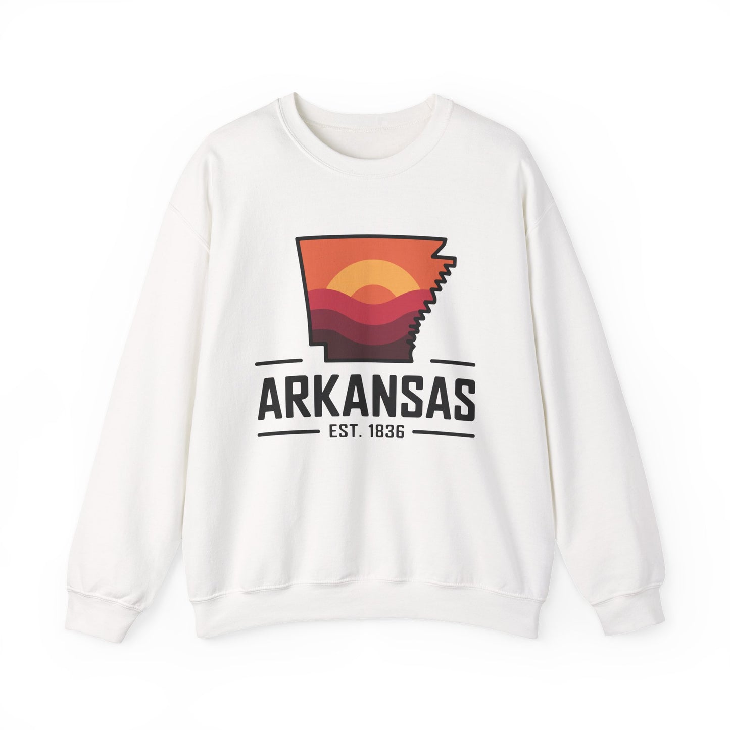 Arkansas Sunset Crewneck Sweatshirt — State Map Graphic, Est. 1836