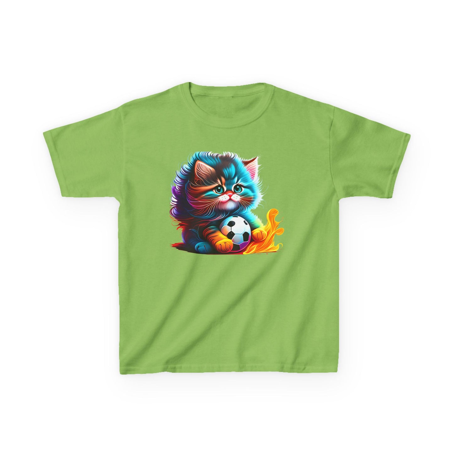 Cute Cat Soccer Kids Tee - Colorful Heavy Cotton Shirt for Young Sports Fans