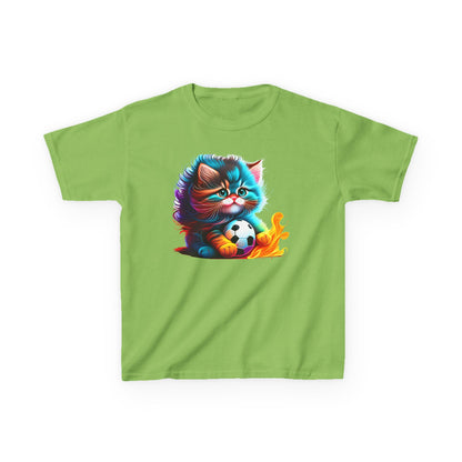Cute Cat Soccer Kids Tee - Colorful Heavy Cotton Shirt for Young Sports Fans
