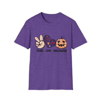 Halloween Peace Love T-Shirt, Unisex Graphic Tee for Fall Celebrations, Cozy Autumn Style, Perfect for Halloween Parties, Gifts
