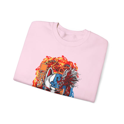 Kitsune Dragon Clash Crewneck Sweatshirt — Fiery Red & Blue Japanese Mask Design