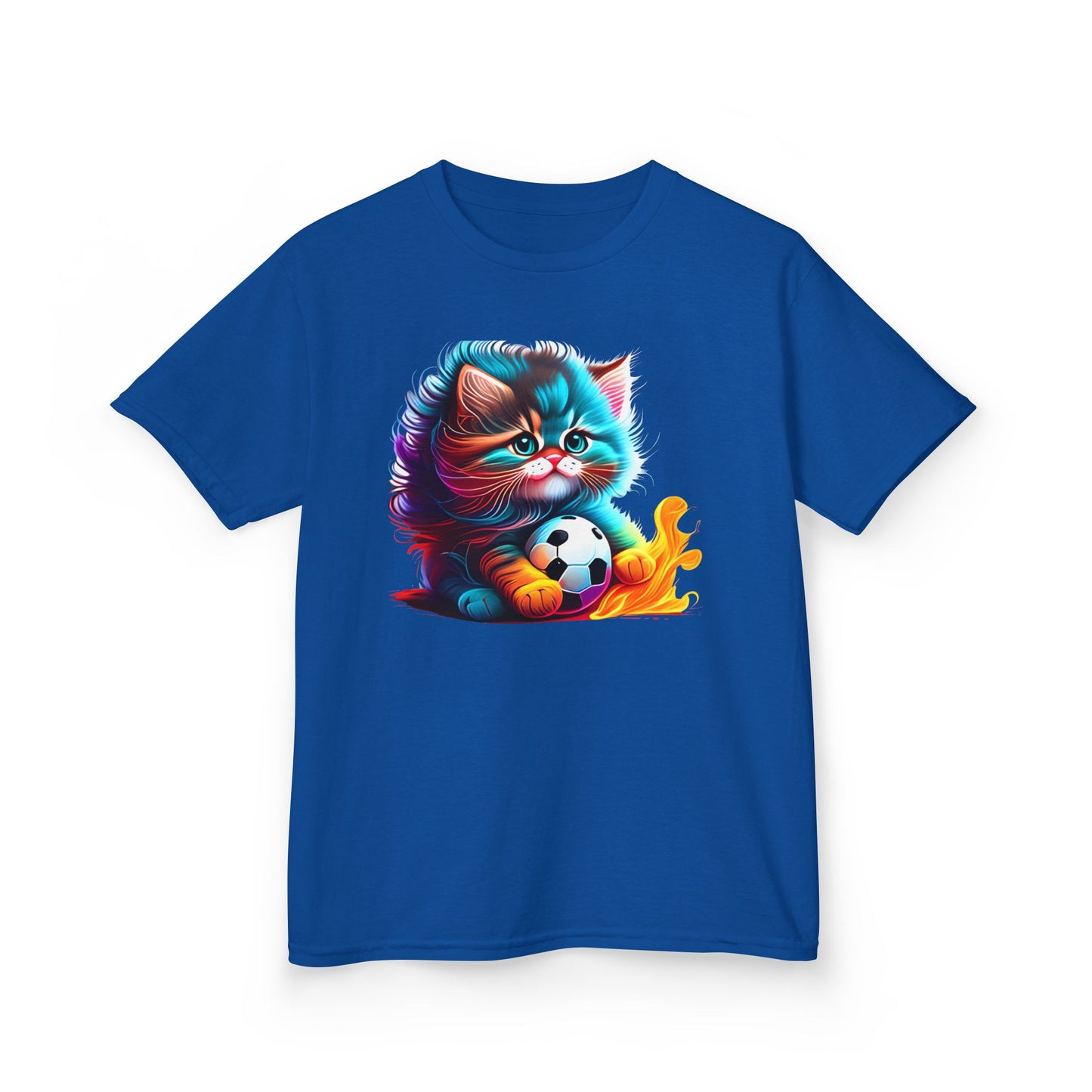 Cute Cat Soccer Kids Tee - Colorful Heavy Cotton Shirt for Young Sports Fans