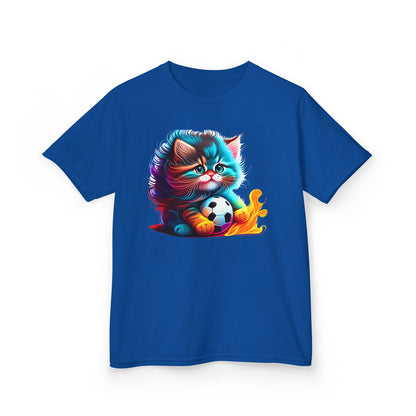 Cute Cat Soccer Kids Tee - Colorful Heavy Cotton Shirt for Young Sports Fans