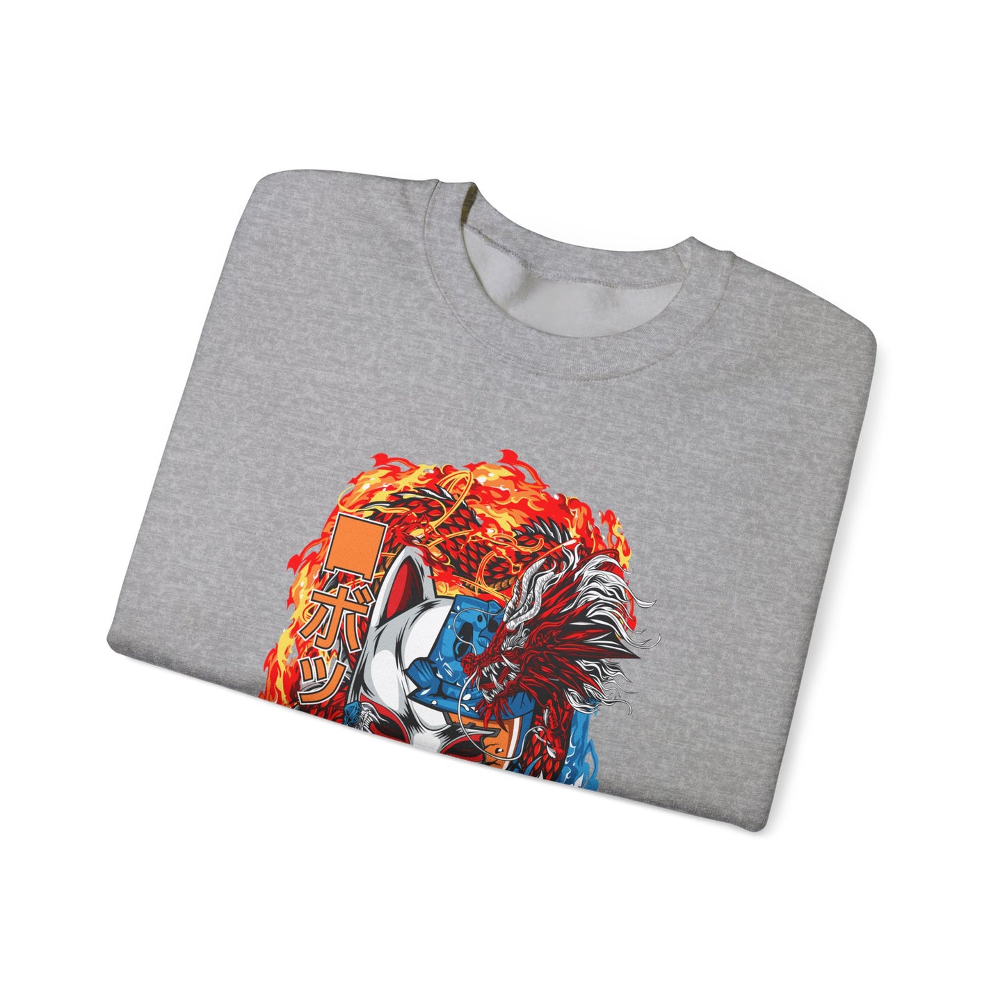 Kitsune Dragon Clash Crewneck Sweatshirt — Fiery Red & Blue Japanese Mask Design