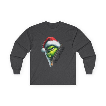 Grinch Peeking Long Sleeve Tee — "Evil People" Holiday Graphic
