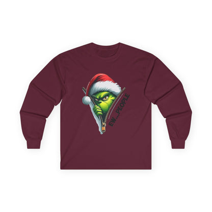 Grinch Peeking Long Sleeve Tee — "Evil People" Holiday Graphic