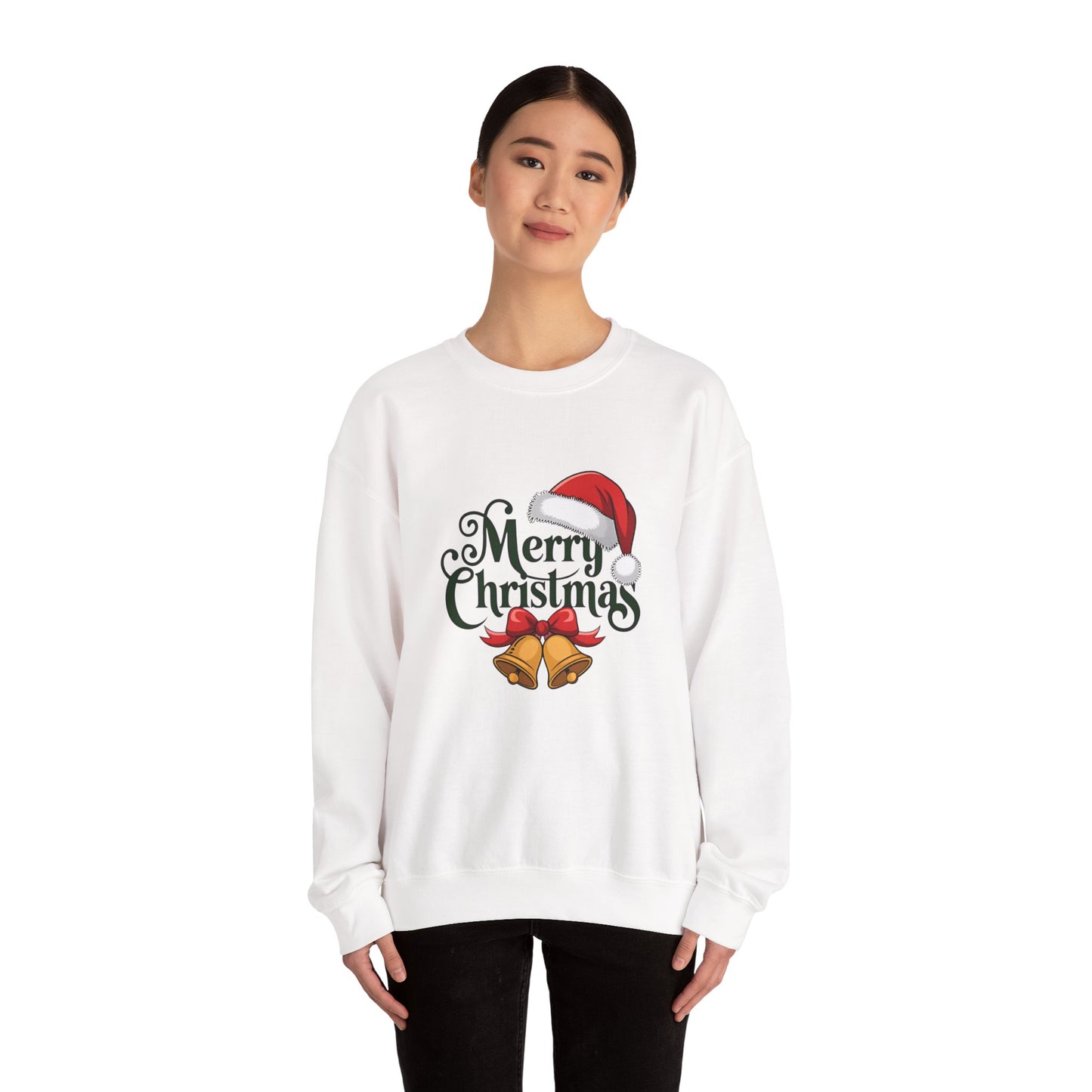 Christmas Crewneck Sweatshirt — "Merry Christmas" Santa Hat & Bells Holiday Sweatshirt