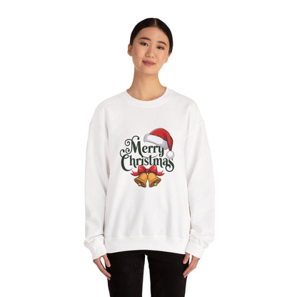 Christmas Crewneck Sweatshirt — "Merry Christmas" Santa Hat & Bells Holiday Sweatshirt