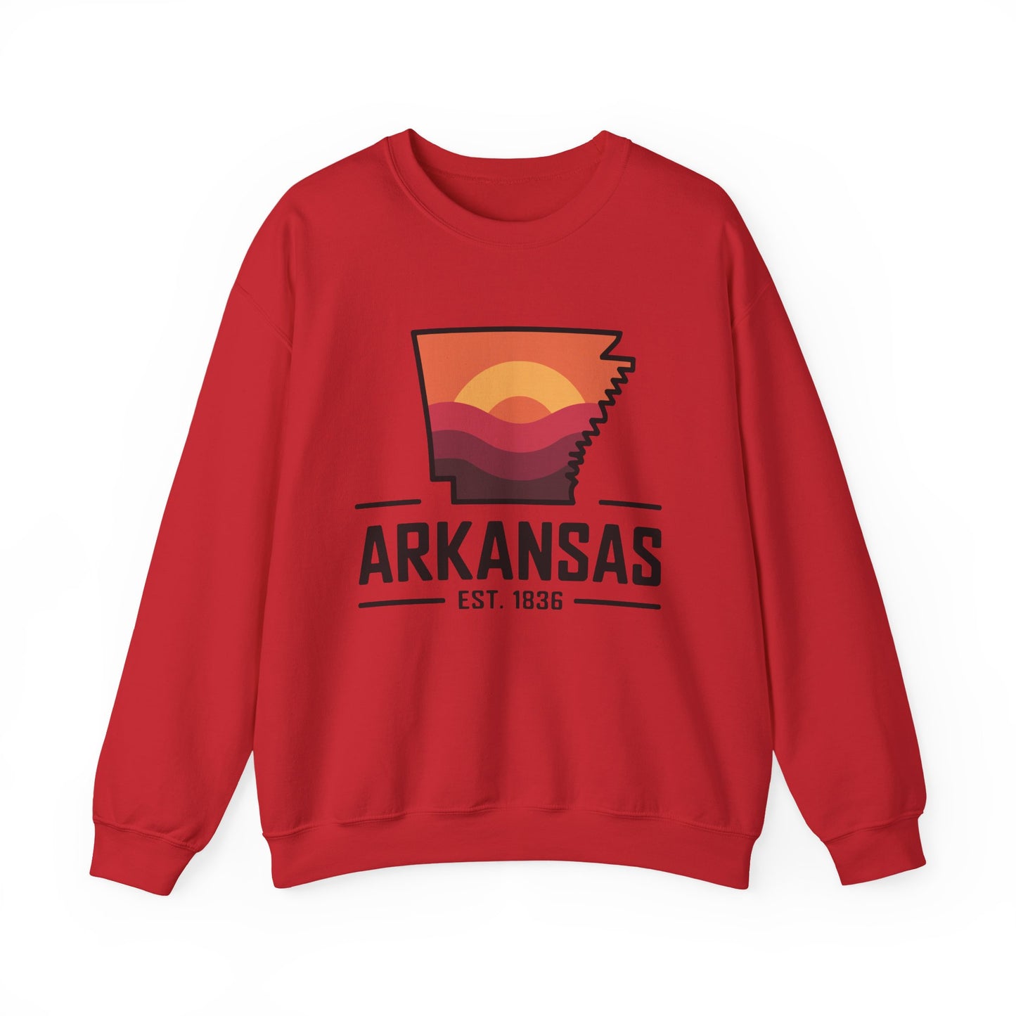 Arkansas Sunset Crewneck Sweatshirt — State Map Graphic, Est. 1836
