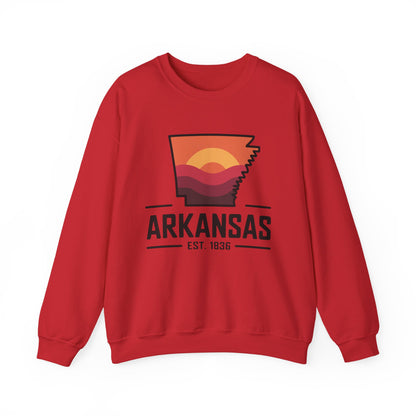 Arkansas Sunset Crewneck Sweatshirt — State Map Graphic, Est. 1836