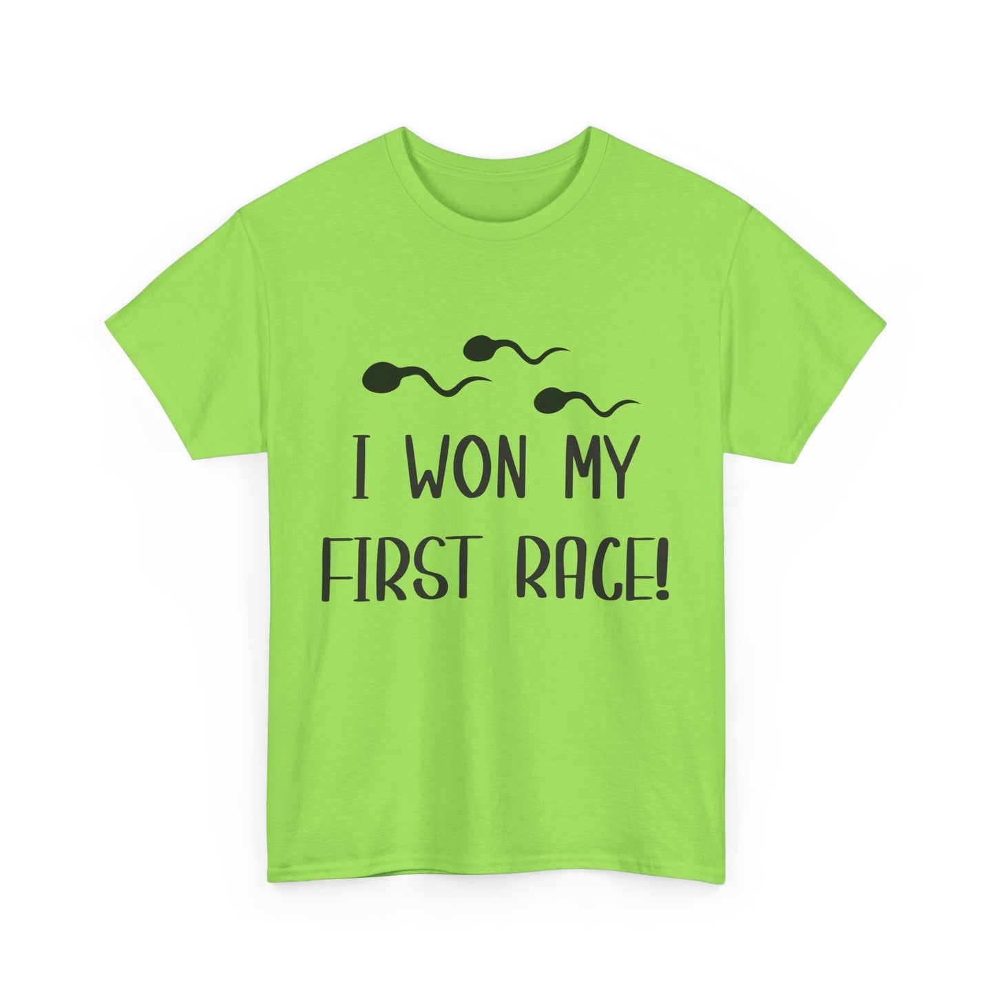 I Won My First Race! Unisex Heavy Cotton Tee - Fun Sperm Motif for New Dads and Celebrations