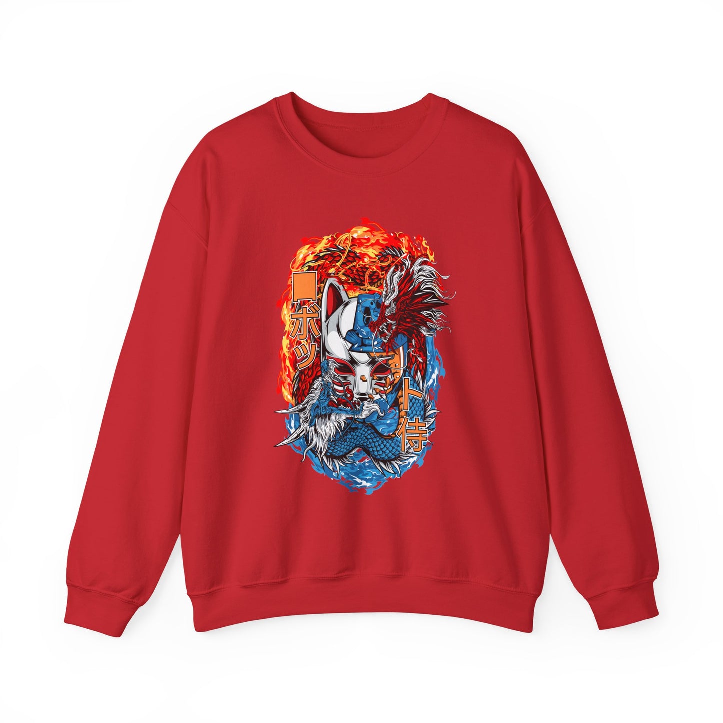 Kitsune Dragon Clash Crewneck Sweatshirt — Fiery Red & Blue Japanese Mask Design